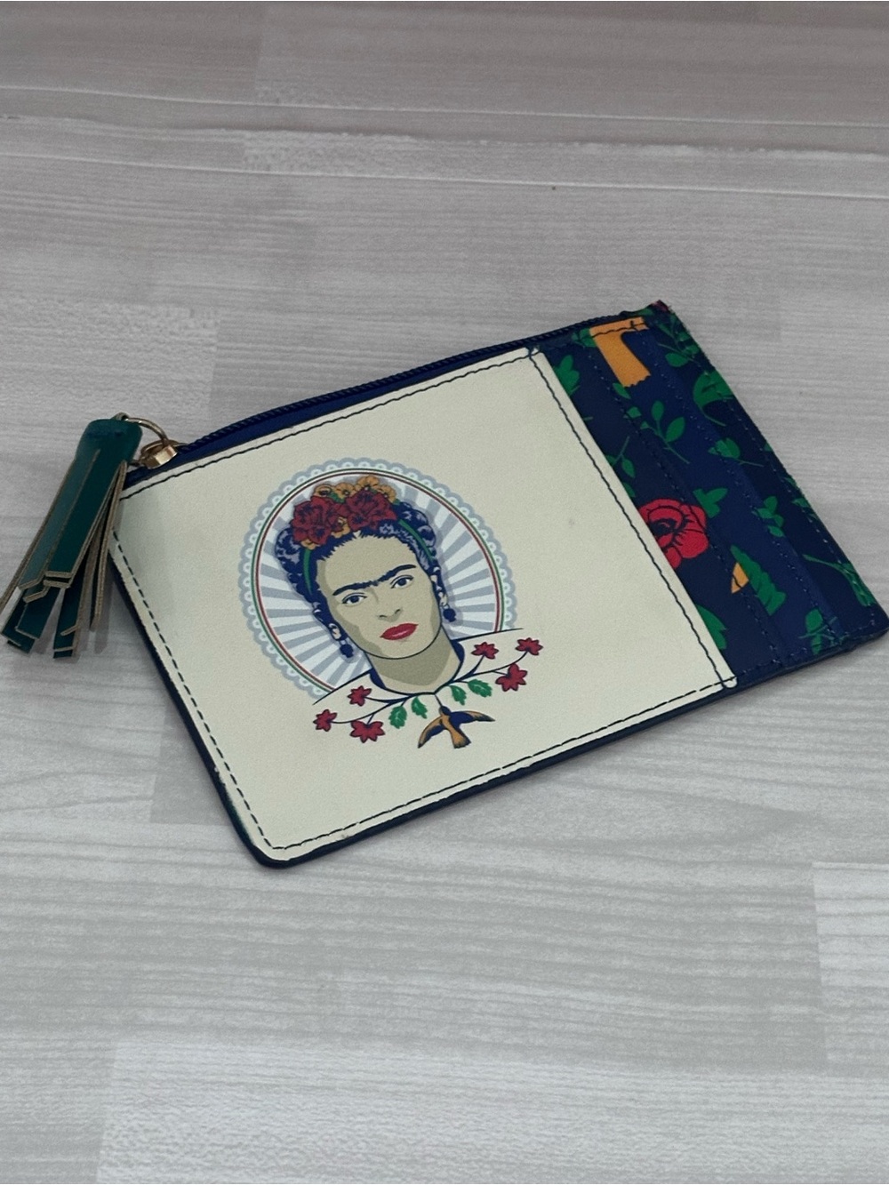 Frida Kahlo Floral Accent Cardholder Wallet - Navy & Cream
